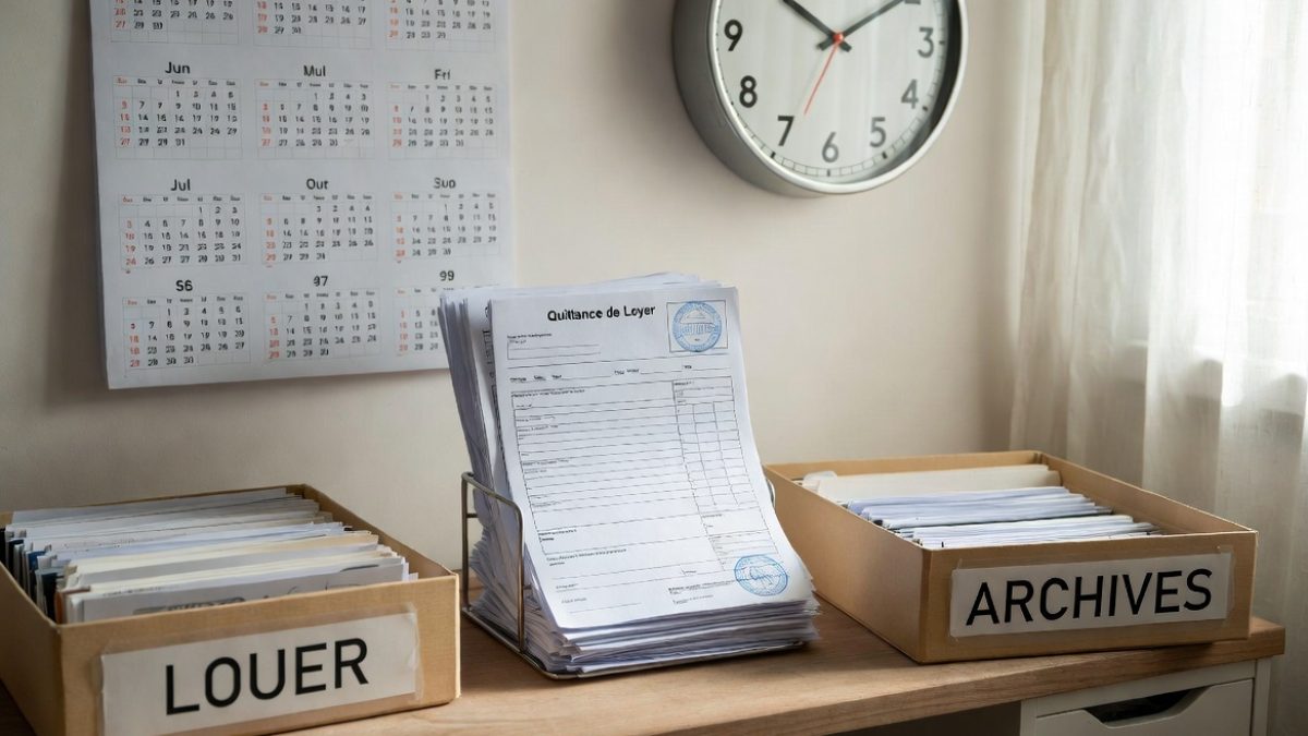 Classeur d'archives contenant des quittances de loyer rangées par année