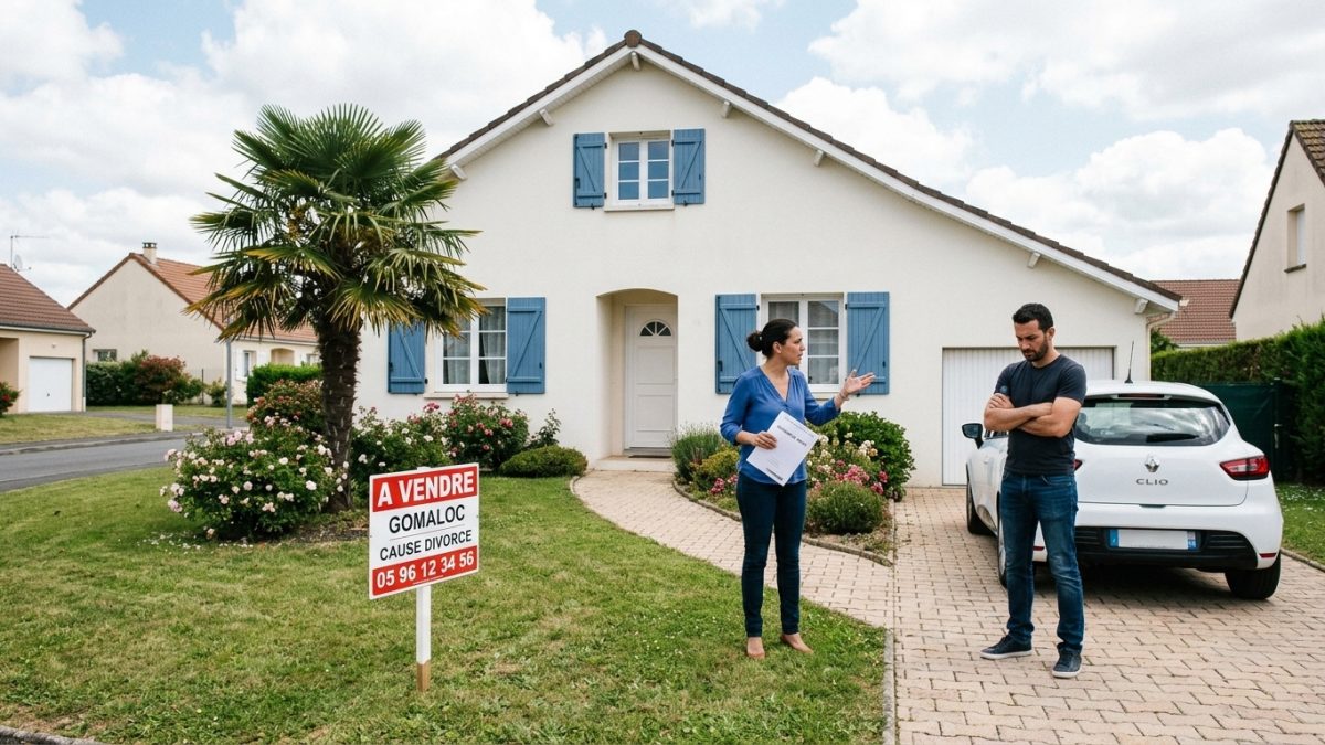 Maison mise en vente après une séparation, panneau à vendre devant le jardin