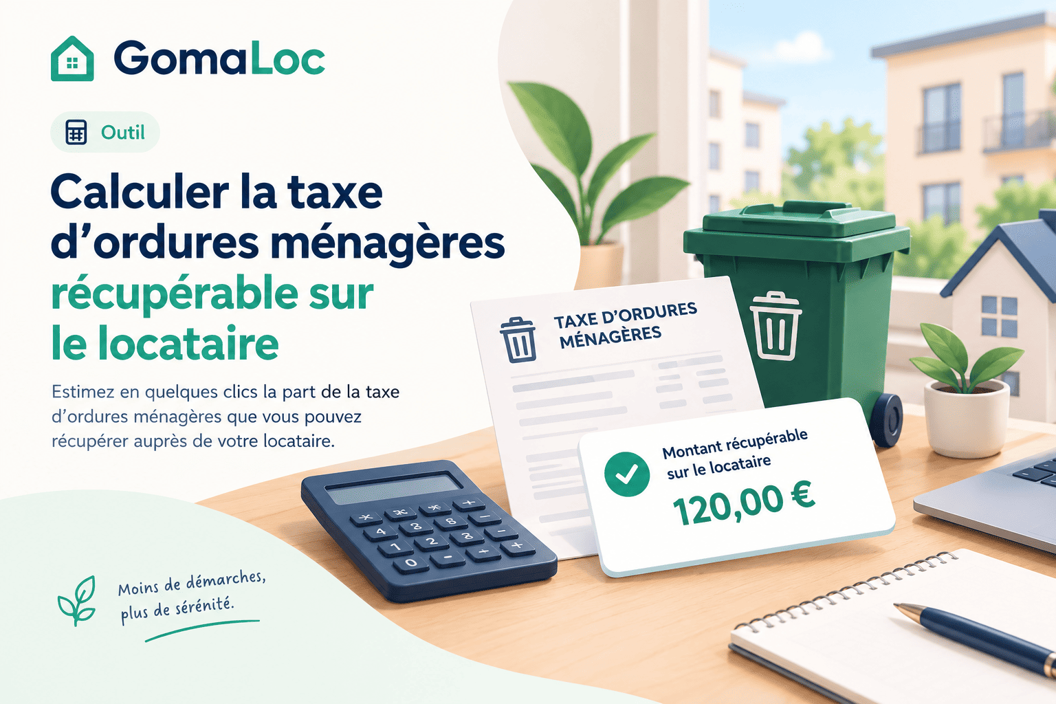 Illustration du calculateur Gomaloc : avis de taxe d'ordures ménagères, calculatrice et montant récupérable sur le locataire