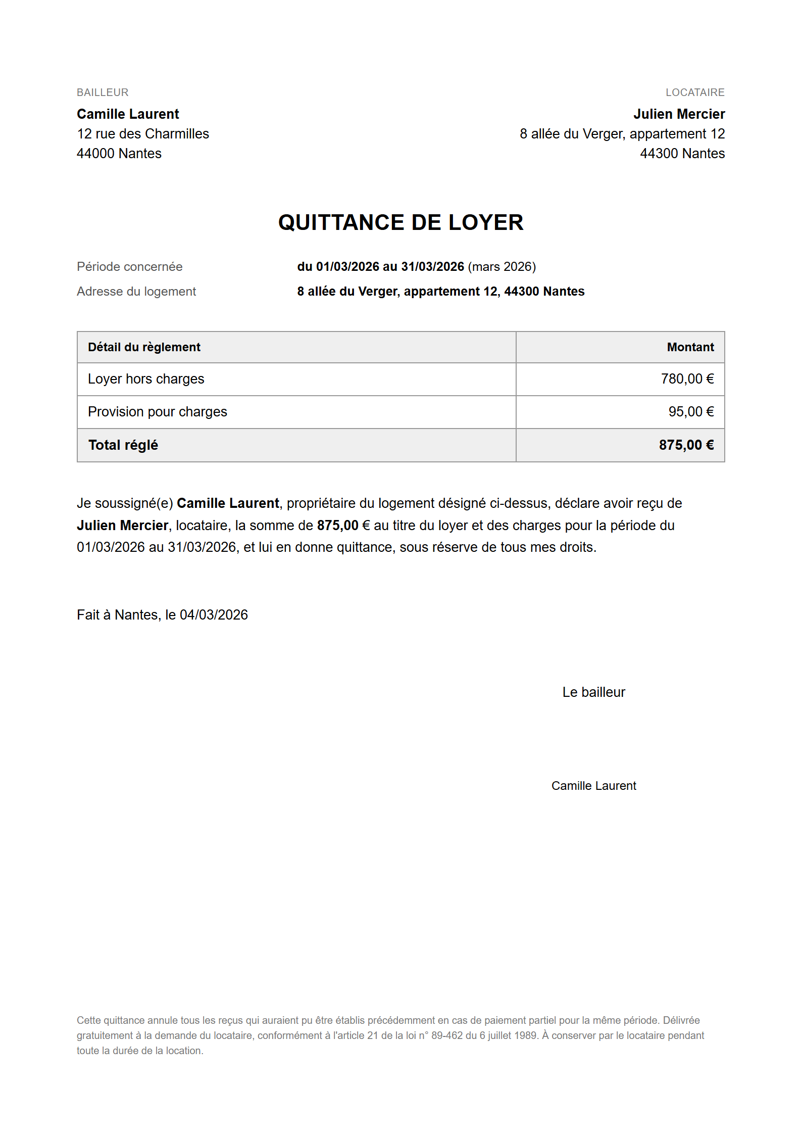 Exemple de quittance de loyer remplie : bailleur, locataire, adresse du logement, période du 1er au 31 mars, loyer de 780 € et charges de 95 €, total réglé de 875 €